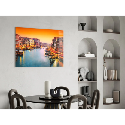 Vibrant orange and blue sunset canal on sleek glass wall art canvas