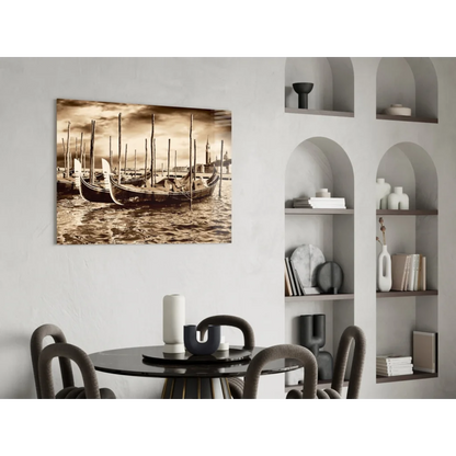 Sepia-toned Venice gondolas canvas wall art print with white border