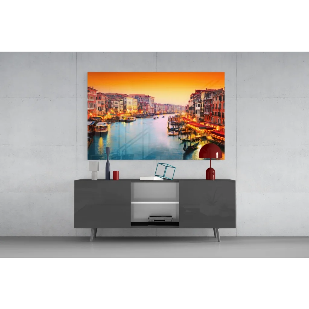 Vibrant orange and blue canal glass wall art canvas print on gray console