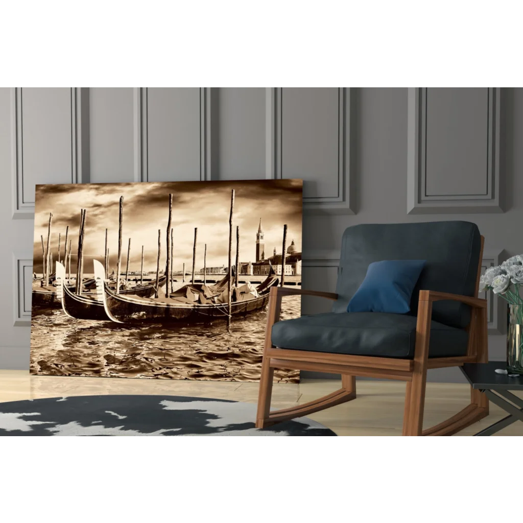 Sepia-toned canvas wall art of moored gondolas in Venice canal