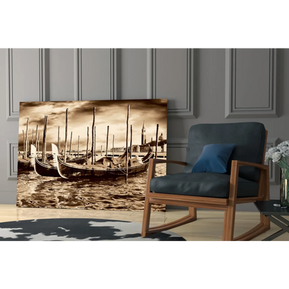 Sepia-toned canvas wall art of moored gondolas in Venice canal