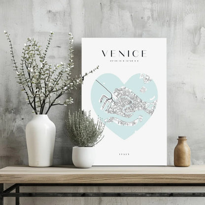 Venice Heart Map Insigne Aluminum Print in Light Blue | Glass Wall Art Print | vintageantiquesgifts.com