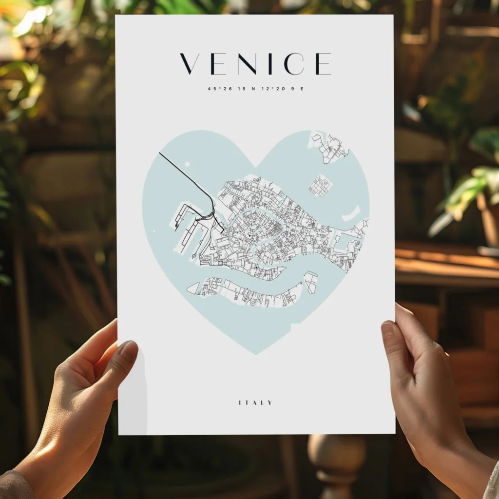 Minimalist Venice heart map on Insigne aluminum print in light blue