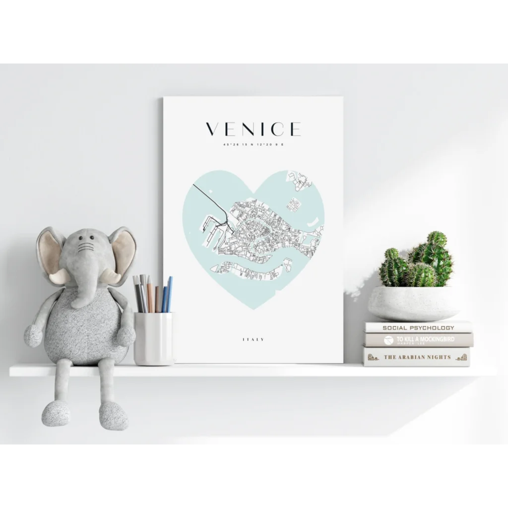 Light blue Venice heart map on Insigne aluminum print