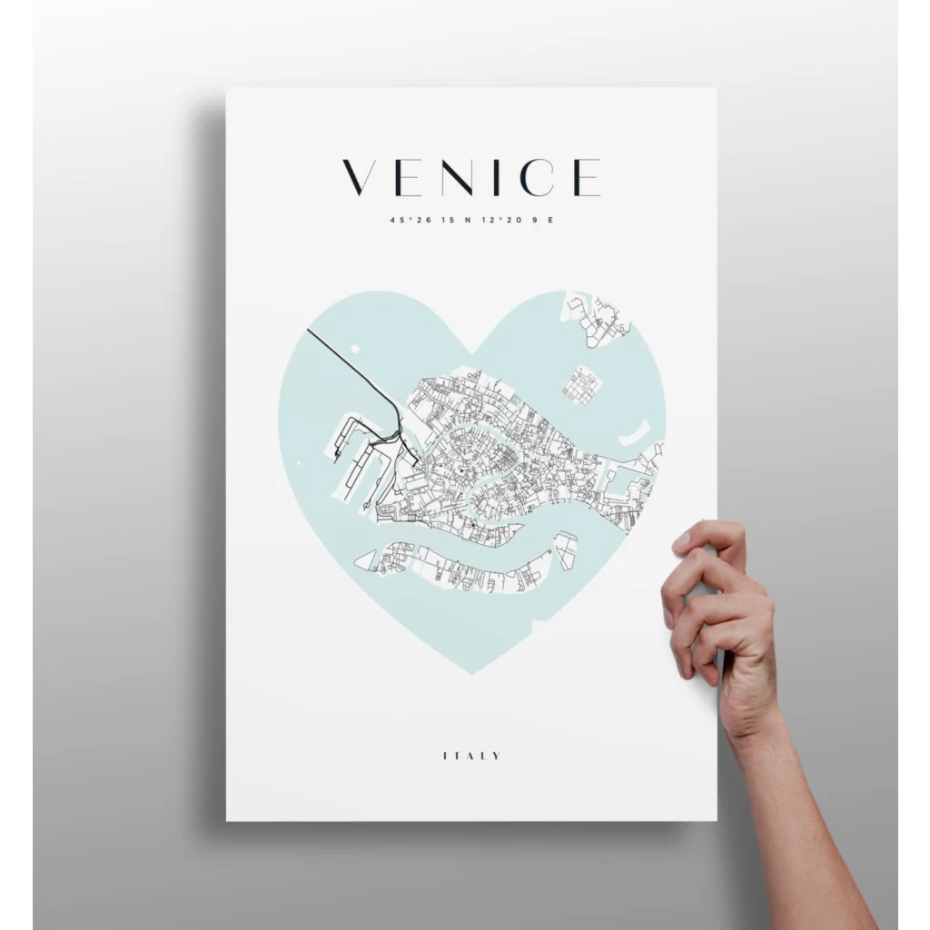 Venice Heart Map Insigne Aluminum Print in Light Blue | Insigneart USA | vintageantiquesgifts.com