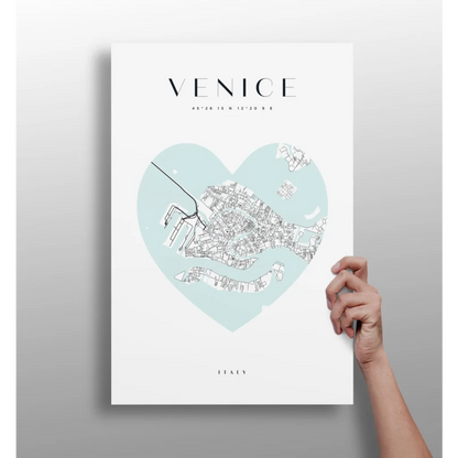 Venice Heart Map Insigne Aluminum Print in Light Blue | Insigneart USA | vintageantiquesgifts.com