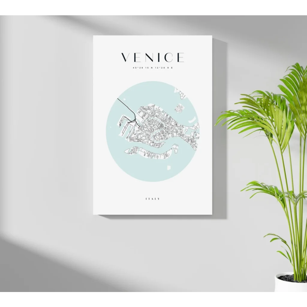 Light blue Venice map on insigne aluminum print with minimalist canals