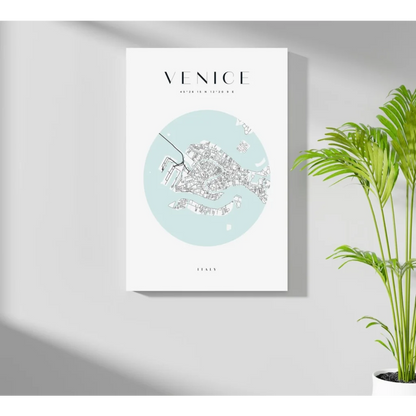 Light blue Venice map on insigne aluminum print with minimalist canals