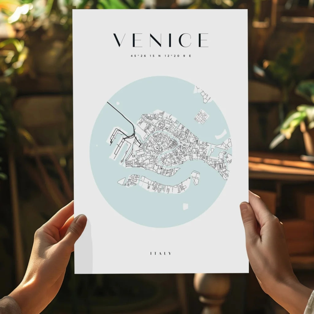 Minimalist light blue Venice map on insigne aluminum print