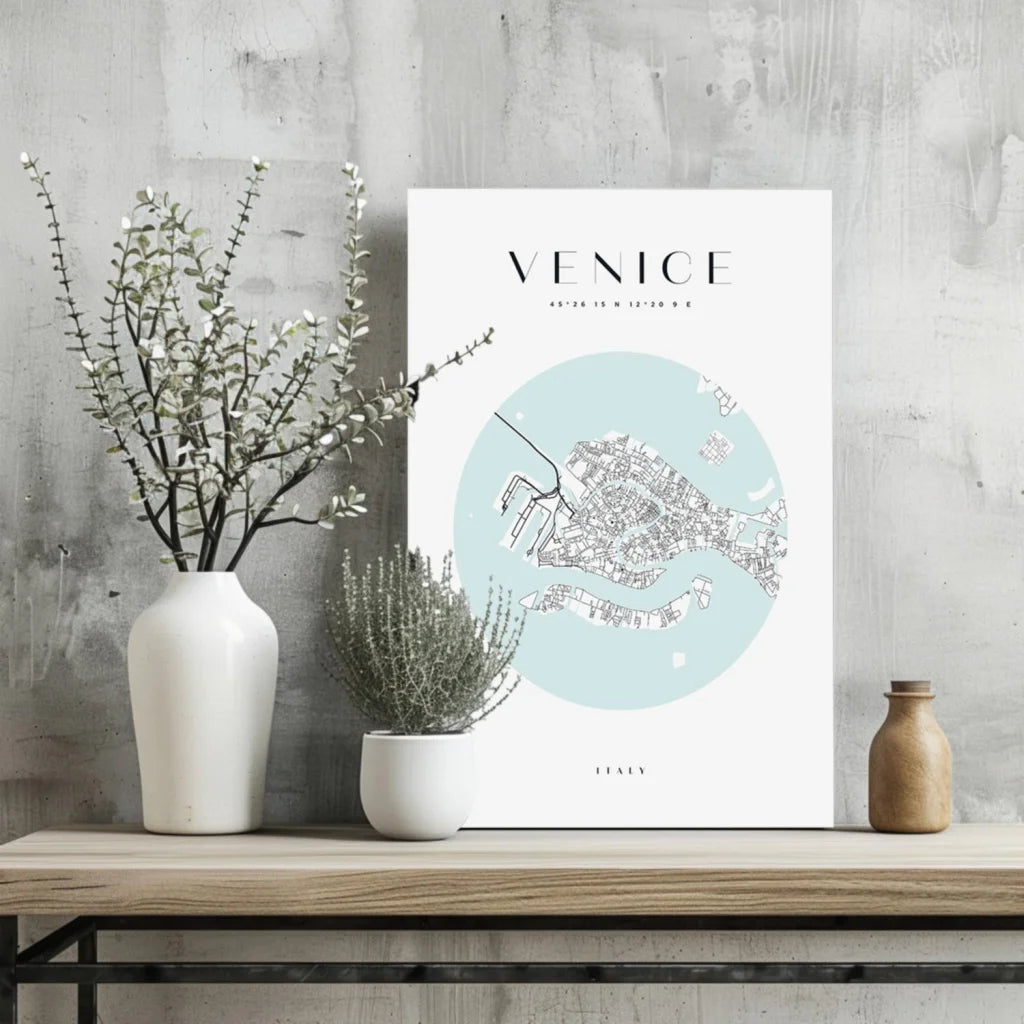 Minimalist white poster of light blue Venice map on Insigne aluminum print