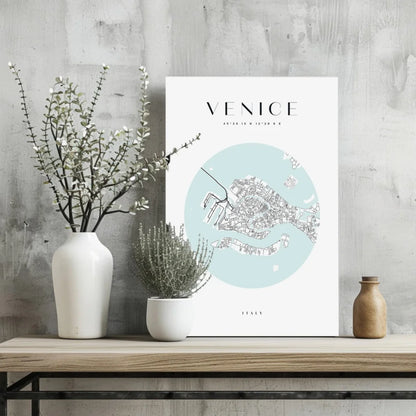 Minimalist white poster of light blue Venice map on Insigne aluminum print