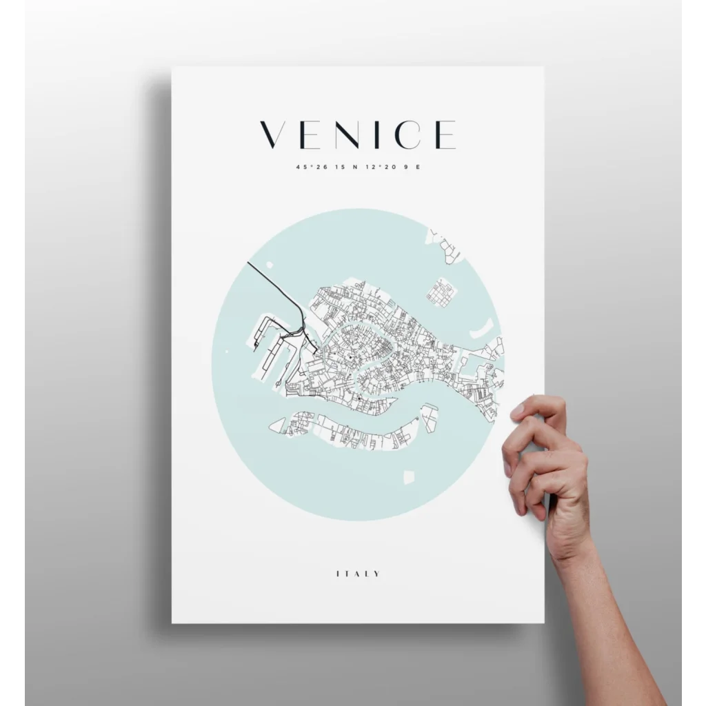 Minimalist light blue Venice map on insigne aluminum print