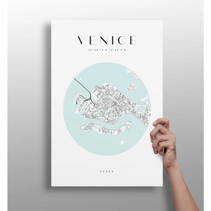 Minimalist light blue Venice map on insigne aluminum print