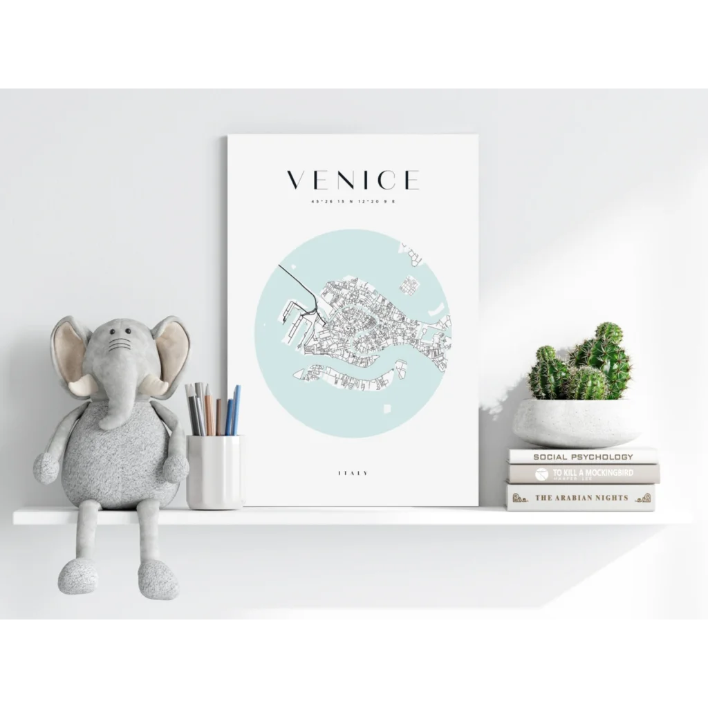 Minimalist Venice map insigne aluminum print in light blue