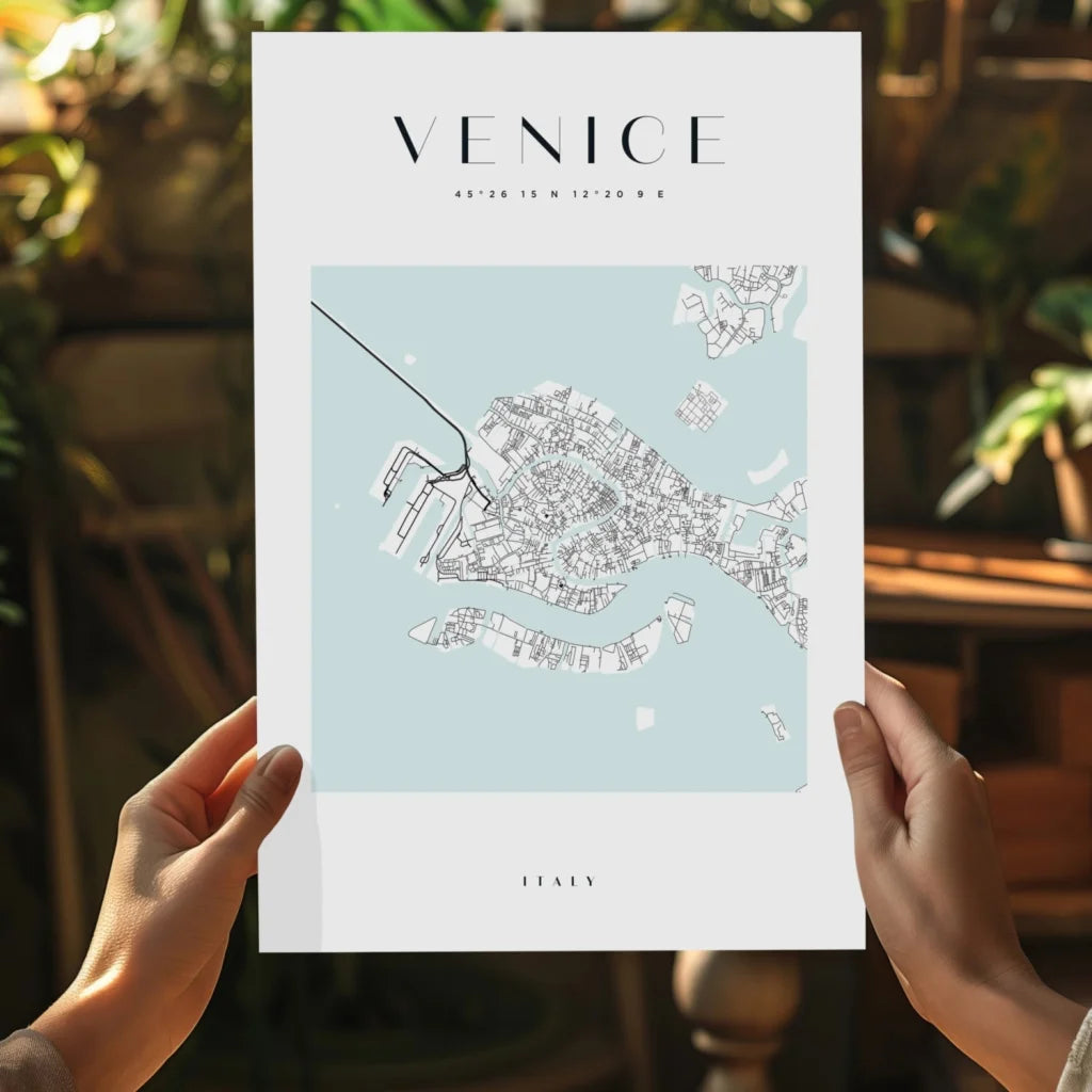 Minimalist Venice map on insigne aluminum print in blue tones