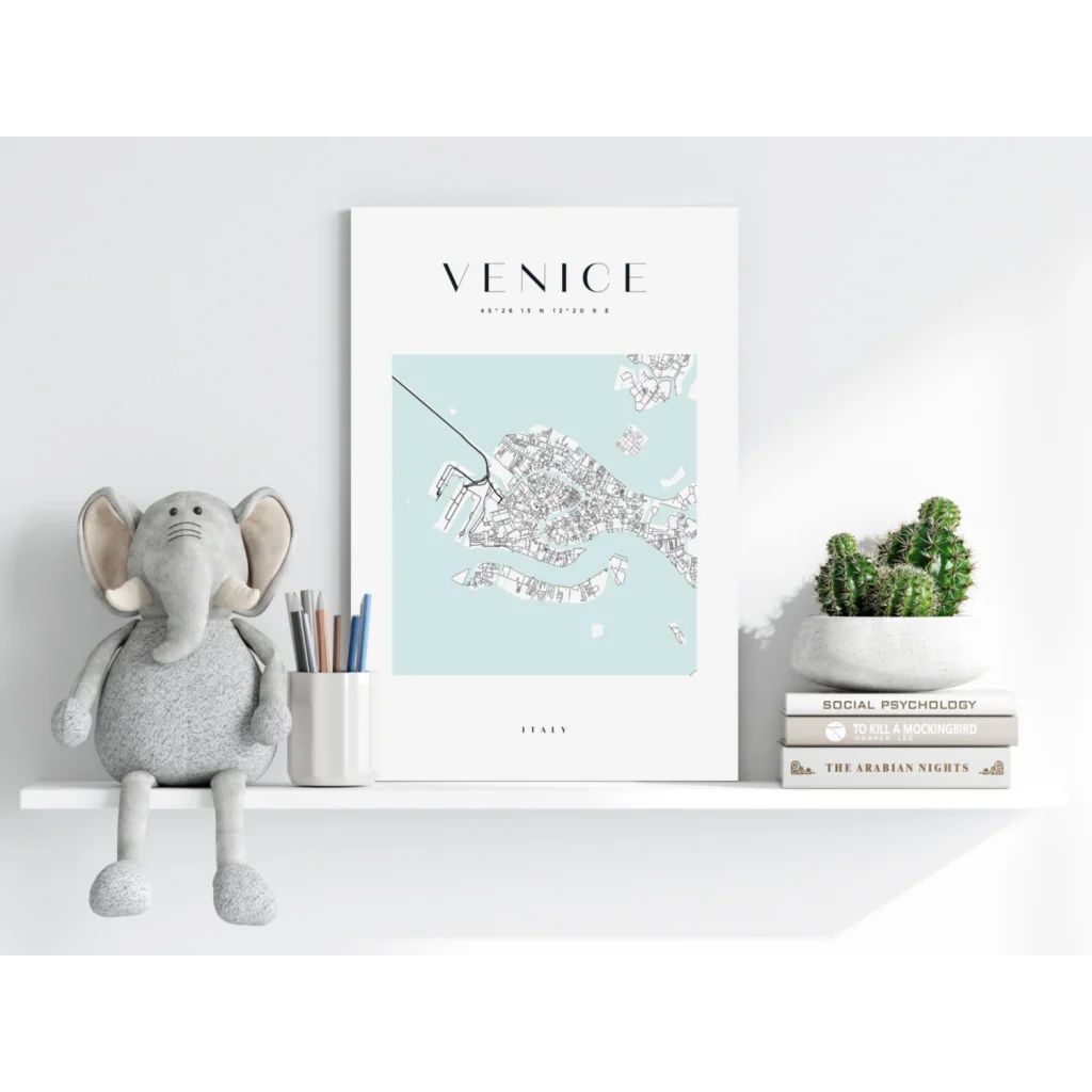Minimalist Venice map insigne aluminum print in mint green tones