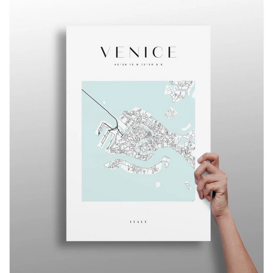 Minimalist Venice map insigne aluminum print in blue tones