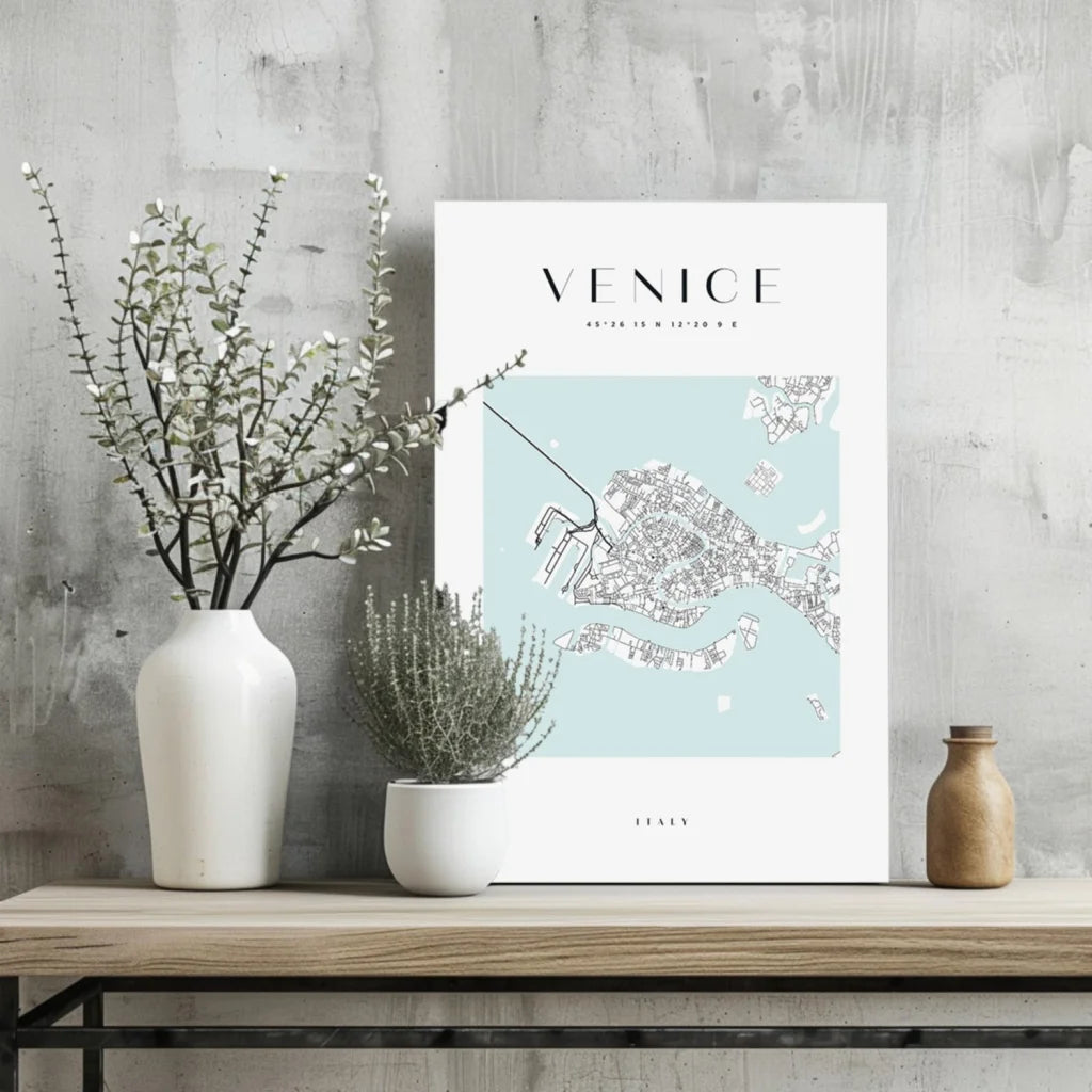 Venice Map Insigne Aluminum Prints in Modern Blue Tones | Glass Wall Art Print | vintageantiquesgifts.com