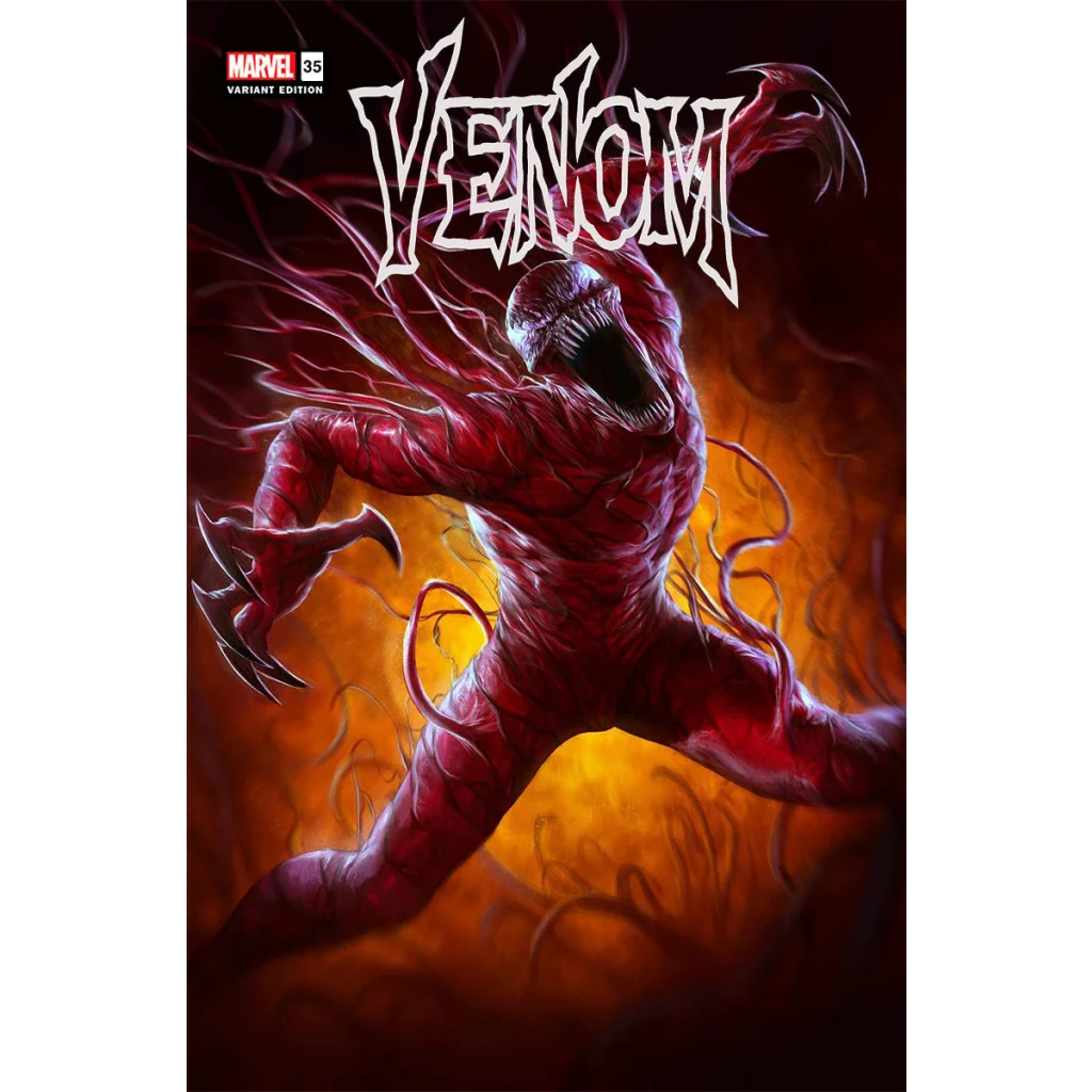 Red and black symbiote creature with sharp claws from Venom 200th issue Marvel Comic