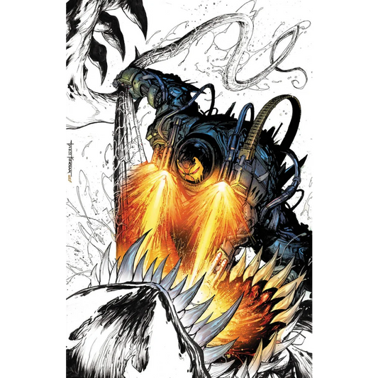 Menacing heavily armed creature with glowing orange eyes from VENOM 27 Unknown Comics Tyler Kirkham secret color splash exclusive