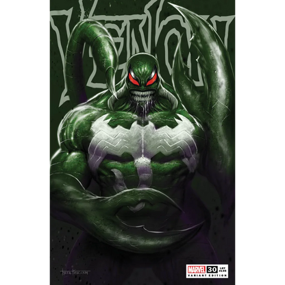 Comic book cover with a muscular green and white symbiote beast with red eyes and claws