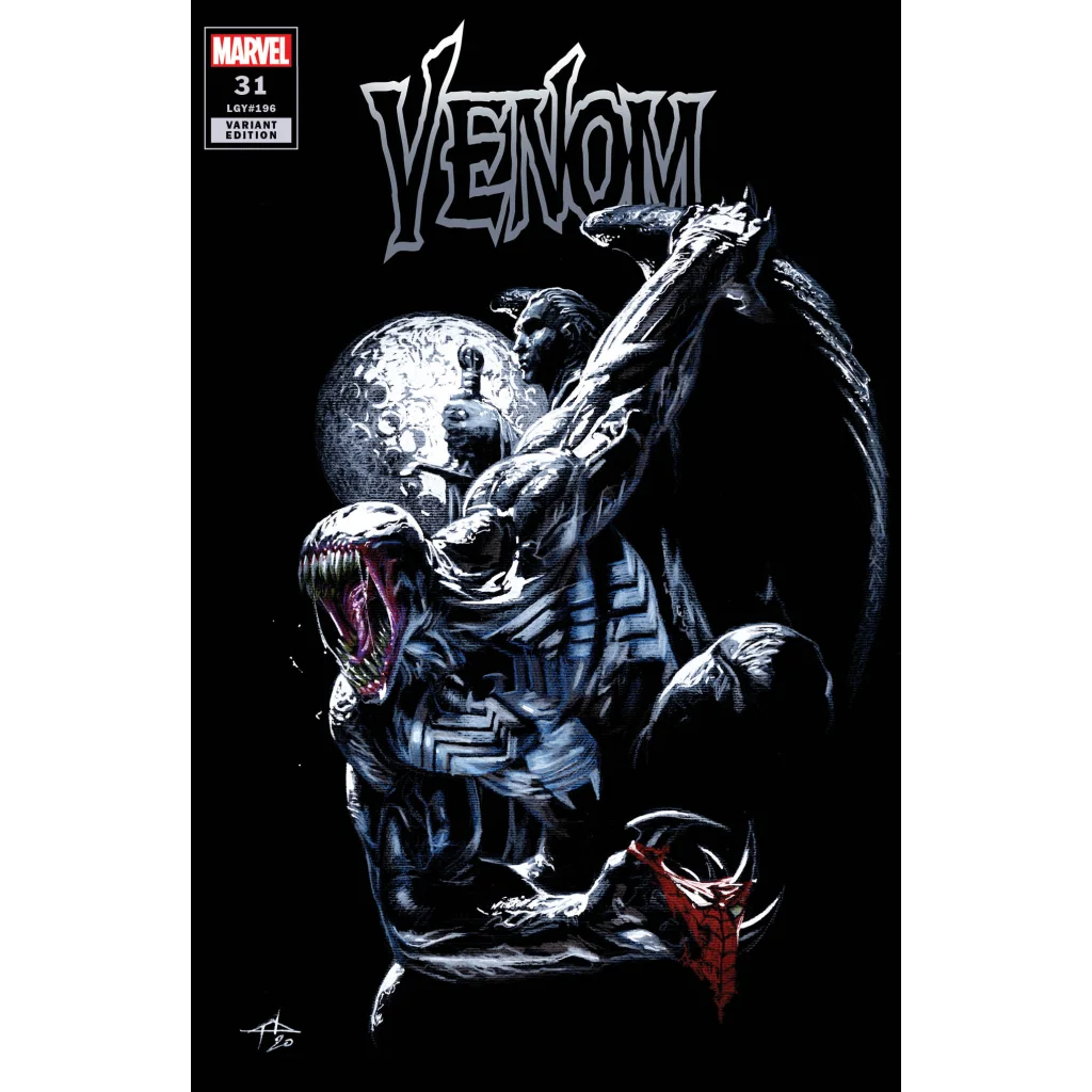 Venom comic book cover with symbiote and human, dark background, Marvel 31 label
