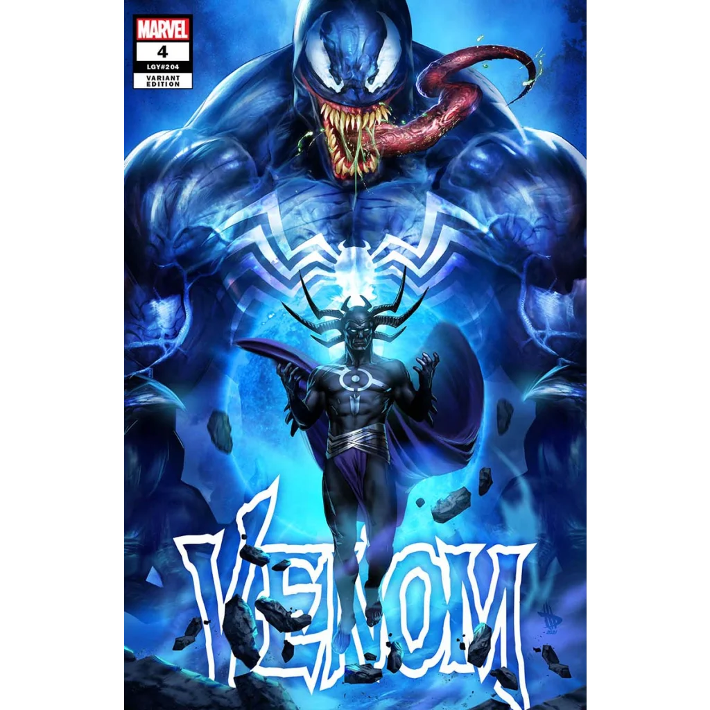 Comic book cover of Venom battling a dark horned figure with blue aura art