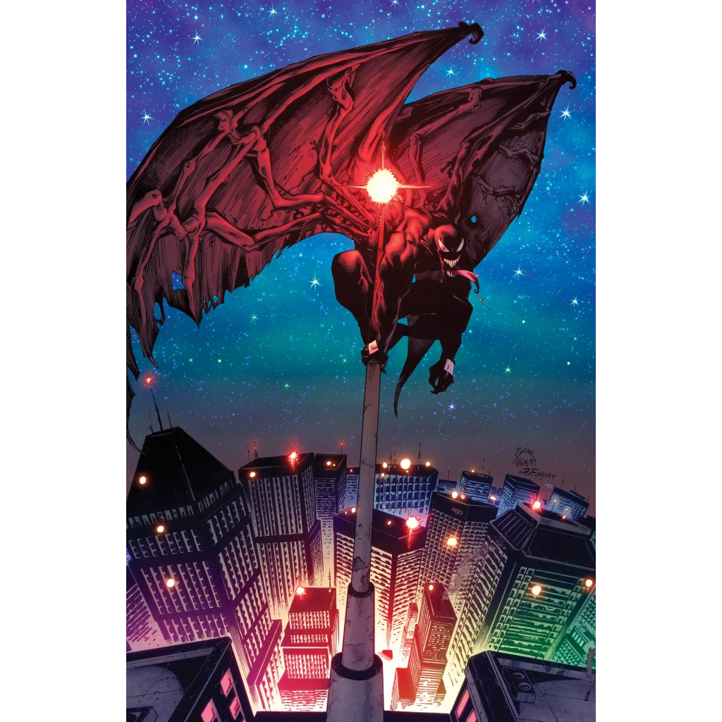 Black winged humanoid creature with long tongue perched on pole for Venom #5 cover