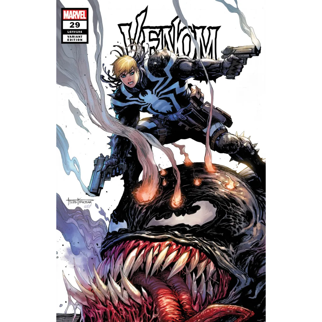 Comic book featuring a Venom-like hero with pistols on a monstrous Venom head