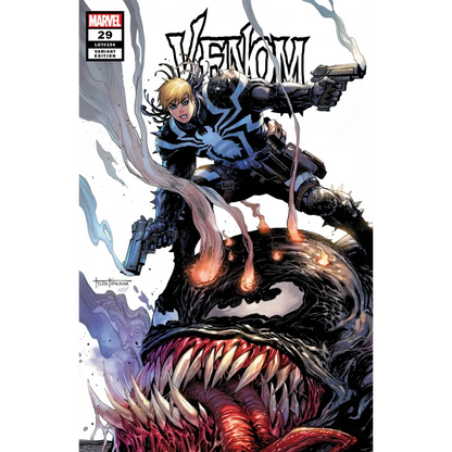 Comic book featuring a Venom-like hero with pistols on a monstrous Venom head
