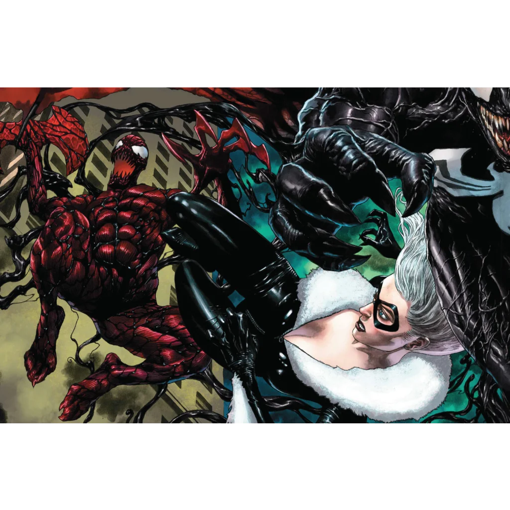 Comic book art featuring Venom Carnage Born, Black Cat, and symbiotes from Unknown Comic Books