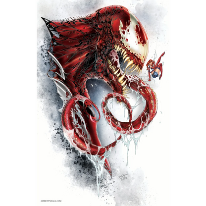Menacing red and white Venom symbiote on brushed aluminum art print