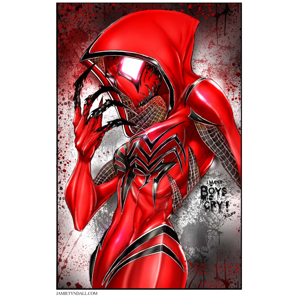 Venom Carnage Spider-Man art print on brushed aluminum with red black hooded suit