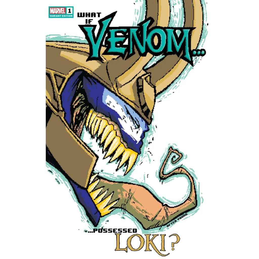 Venom What If variant cover: menacing metallic spider creature with fangs and glowing eyes