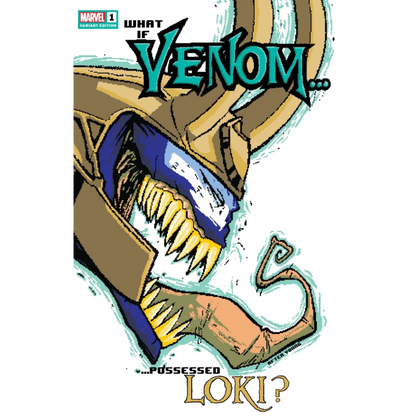 Venom What If variant cover: menacing metallic spider creature with fangs and glowing eyes