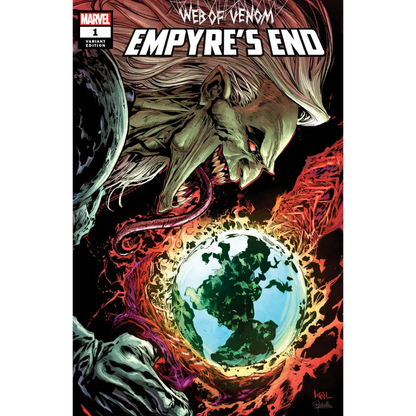 Venom Empyres End comic cover with monstrous white-haired figure over glowing Earth