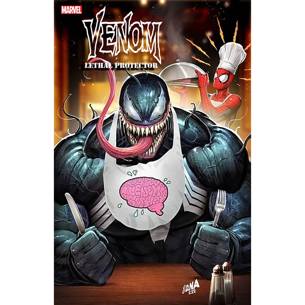 Venom Lethal Protector comic cover by David Nakayama with Spider-Man serving, fun art
