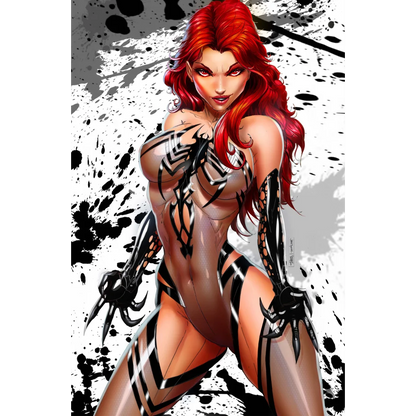 Red-haired Venom Spider Woman in brushed aluminum comic art print
