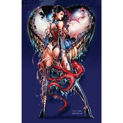 Venom spider woman in black blue lingerie with red tentacles on brushed aluminum print