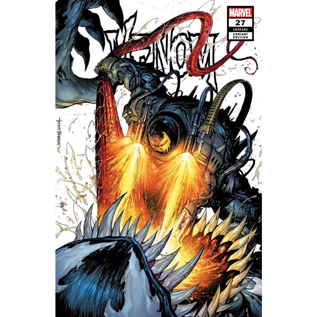 Venom comic cover from Unknown Comics by Tyler Kirkham featuring a mechanical suit