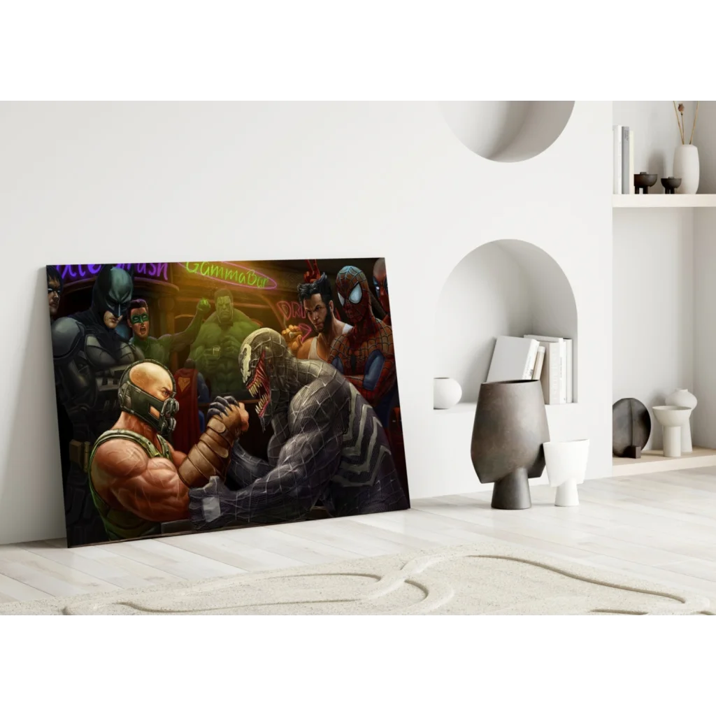 Epic Bane vs Venom arm-wrestle on glass wall art canvas with Batman, Spider-Man, Hulk