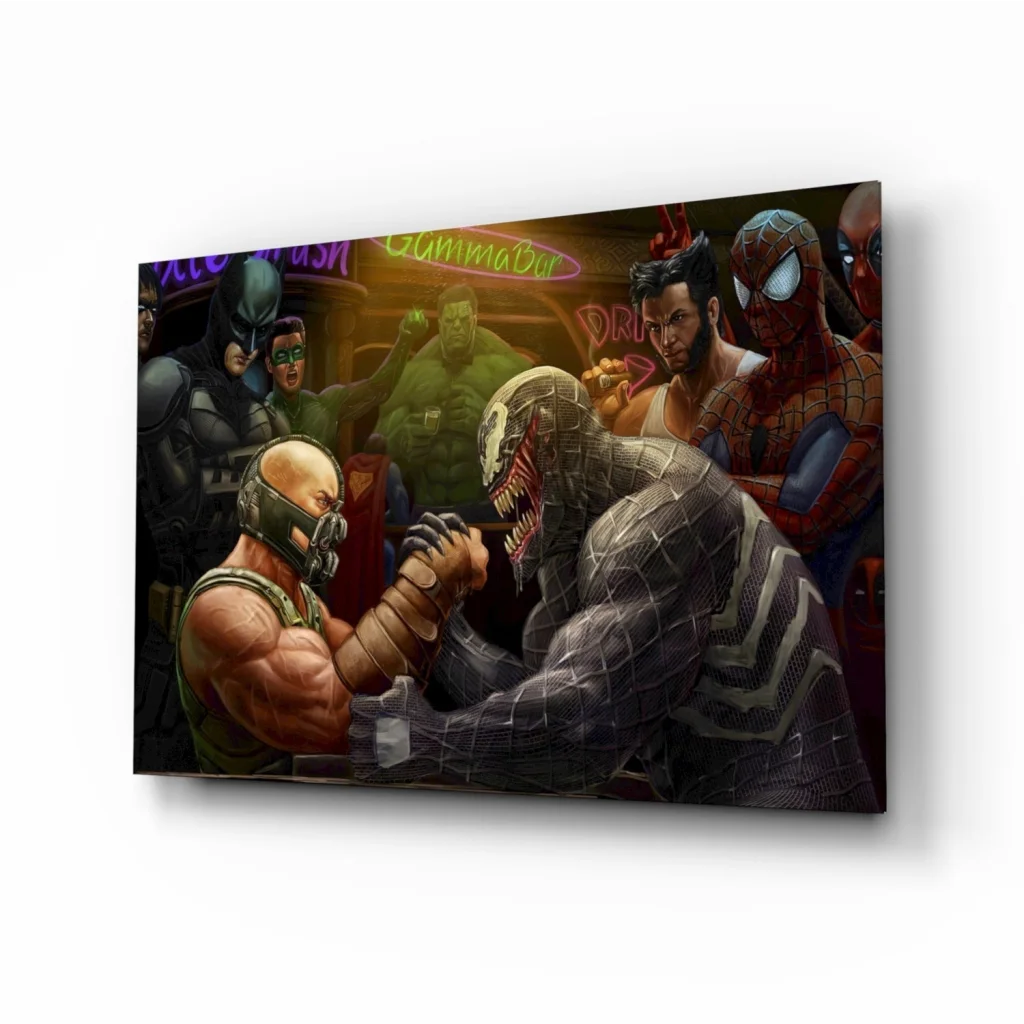 Epic Bane vs Venom arm-wrestle glass wall art with superheroes