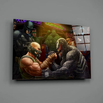 Epic Bane vs Venom arm-wrestle glass wall art with Batman Hulk background