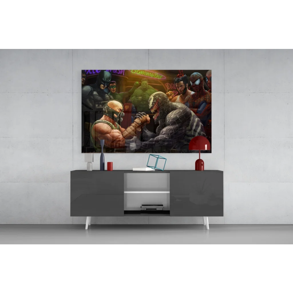 Epic superhero showdown glass wall art in vibrant comic battle scene