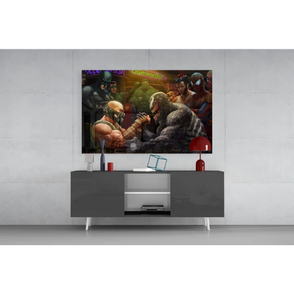 Epic superhero showdown glass wall art in vibrant comic battle scene