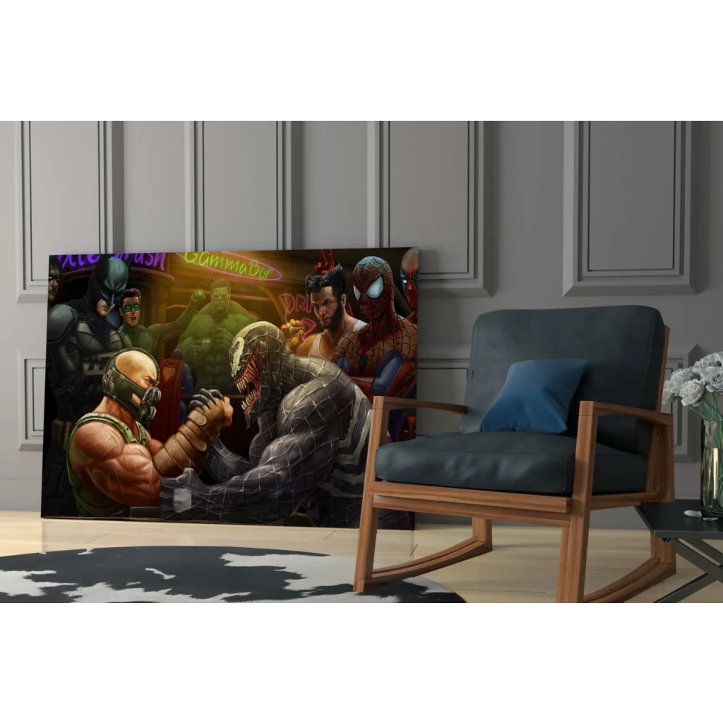 Epic superhero showdown glass wall art with Venom, Spider-Man, Bane