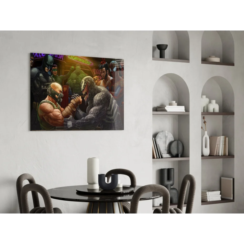 Epic Bane vs Hulk arm-wrestling on vibrant comic glass wall art