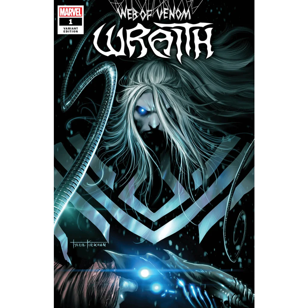 Venom Wraith comic cover by Tyler Kirkham with white hair and glowing blue eyes