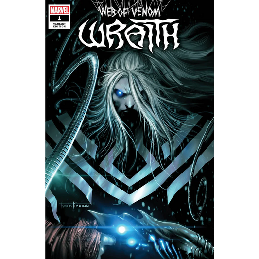 Venom Wraith comic cover by Tyler Kirkham with white hair and glowing blue eyes