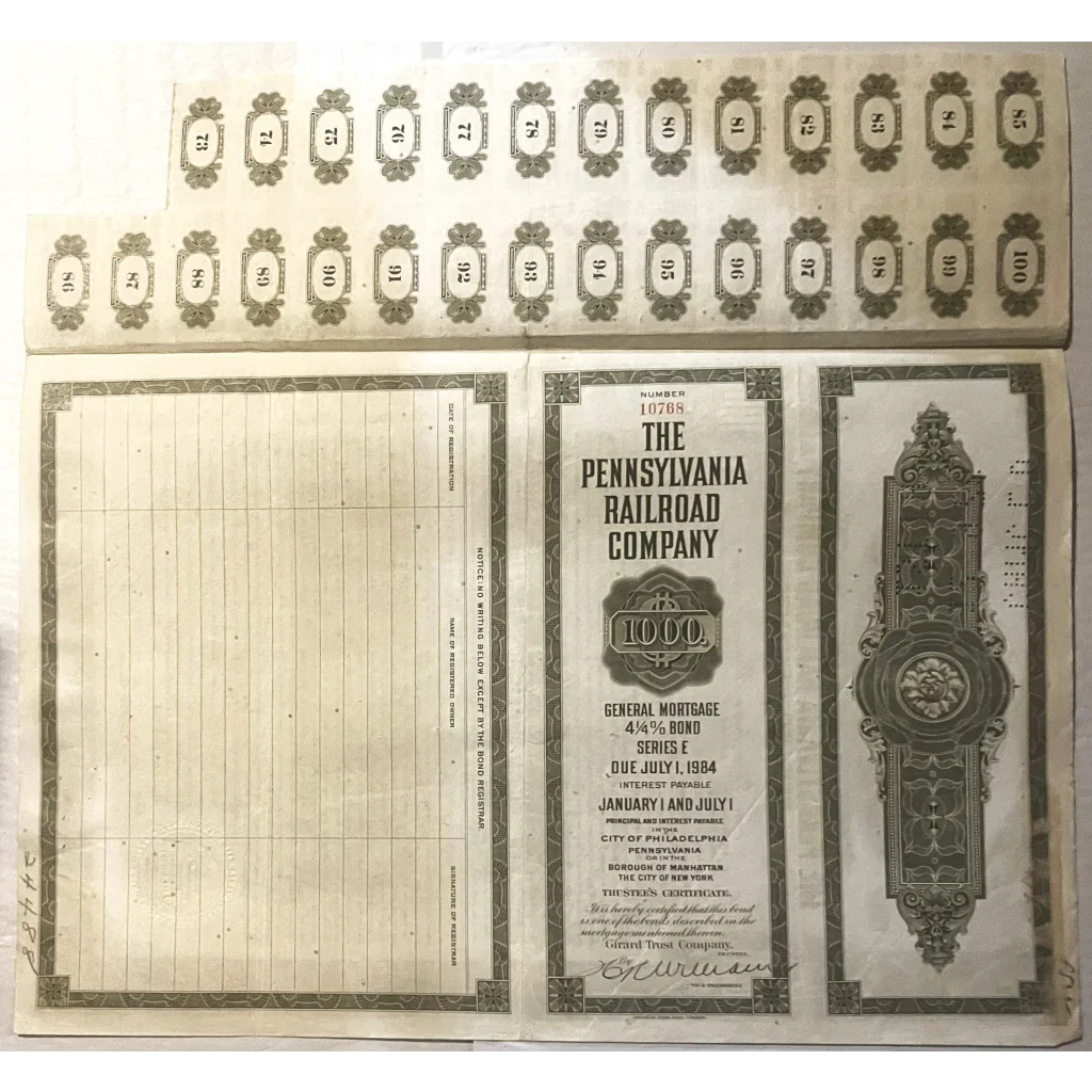 Vintage Pennsylvania Railroad Gold Bond Certificate with attached coupons from 1934